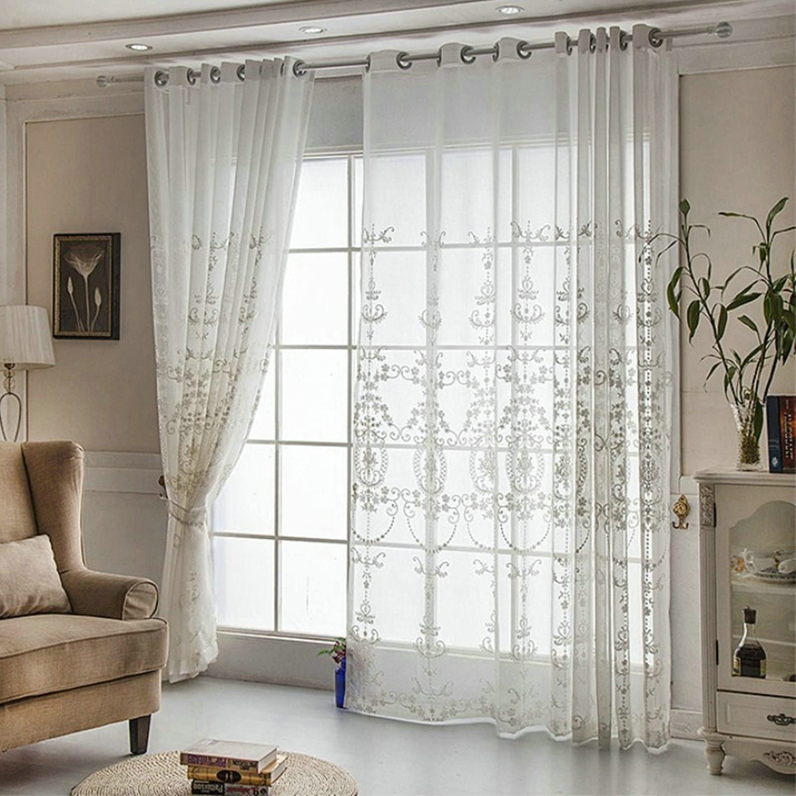 KnBoB Rideau Occultant Thermiques Blanc 137 x 229 CM Fleur Brodée Rideaux Fenêtres Chambre à Oeillets, Rideau Voilage Coton Lin