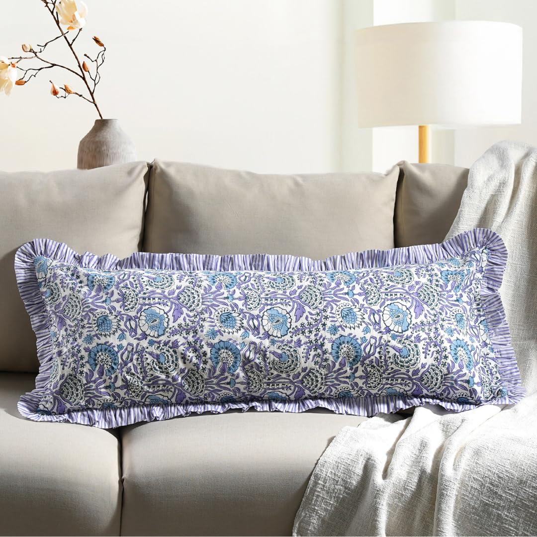 CPC Hand Block Print Indigo Blue Ruffle Sham Pillow Cover 36" x 14" inch Hidden Zipper Decorative Pillowcase for Couch, Bed, Sofa, Farmhouse, Cottagecore Decor Gift Spring, Mother's Day