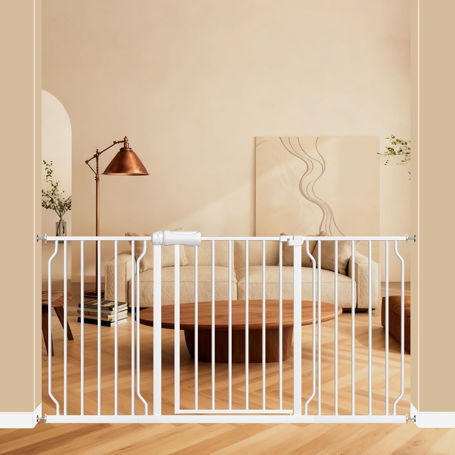ALLAIBB Extra Wide Pressure Mounted Baby Gate Walk Through Child Kids Safety Toddler White Long Large Pet Dog Gates with Extension for doorways Kitchen and Living Room (57.48-62.20"/146-158cm) White 57.48-62.20"/146-158cm