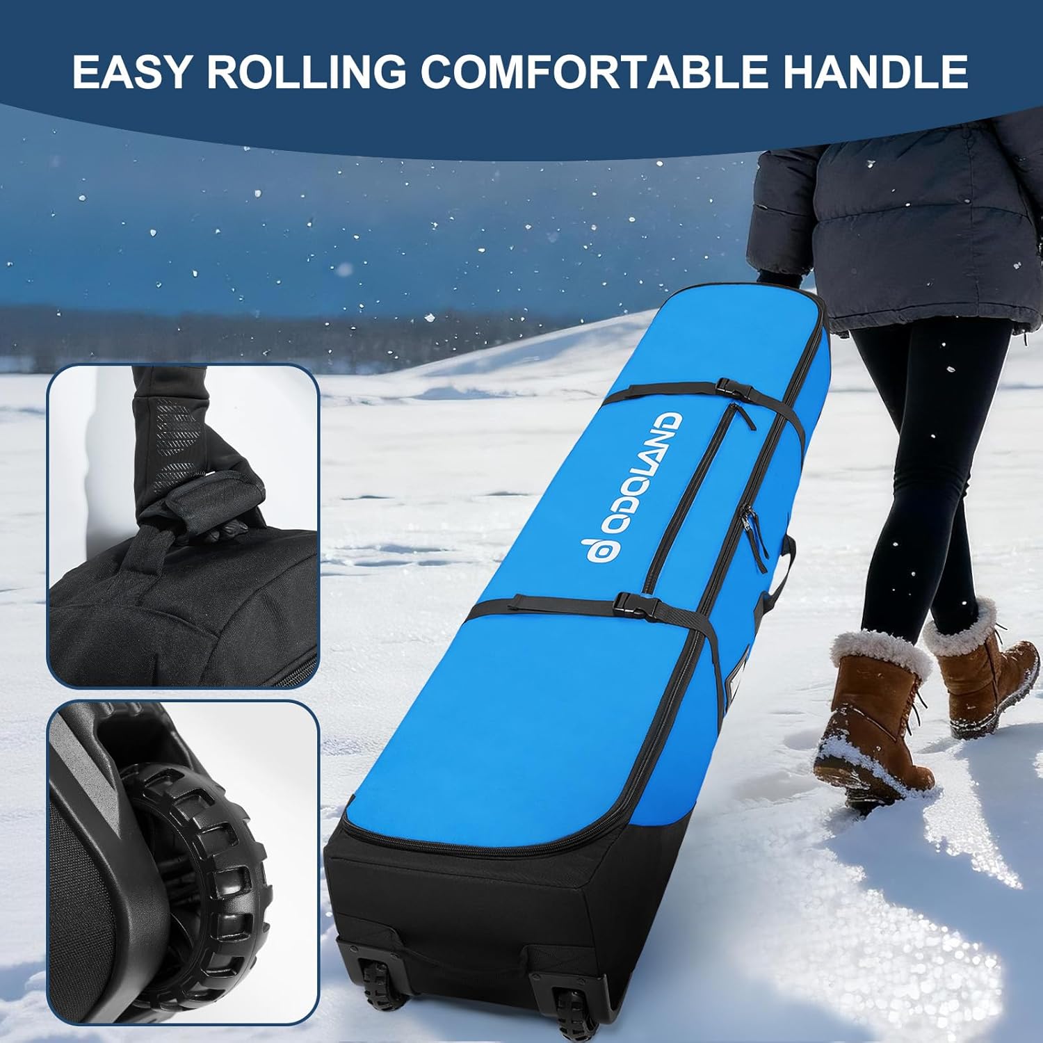 Odoland Rolling Ski Bag, Padded Snowboard Bags with Wheels for Air Travel, 900D Water Resistant Oxford Fabric and Extra 2 Dry Bag, Fits Skis Up to 170/190cm