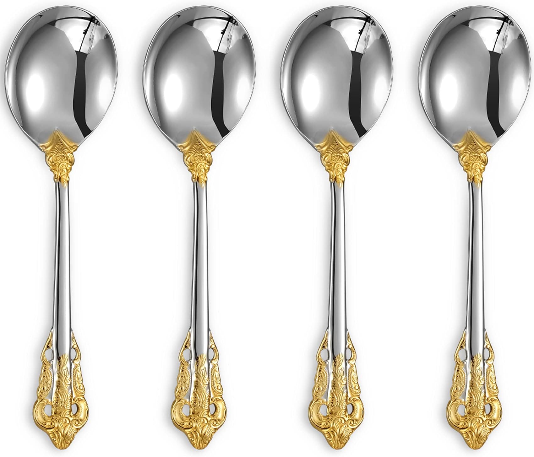 KEAWELL Gorgeous Round Soup Spoon, Set of 4, 18/10 Stainless Steel, Luxury Bouillon Spoon, Dishwasher Safe, Fine Mirror Polished (Gold Accent)