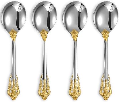 KEAWELL Gorgeous 4-Piece 18/10 Stainless Steel Soup Spoon Set Gold Accent