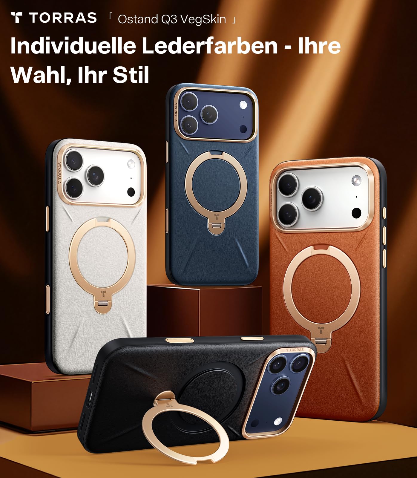 TORRAS Ostand Q3 VegSkin für iPhone 17 Pro Max Hülle (Nachhaltig Silikonleder) (360° Magnetischer Unsichtbarer Ständer) Premium Haptik Langlebig Hülle iPhone 17 Pro Max Case Edle Lederstruktur Braun