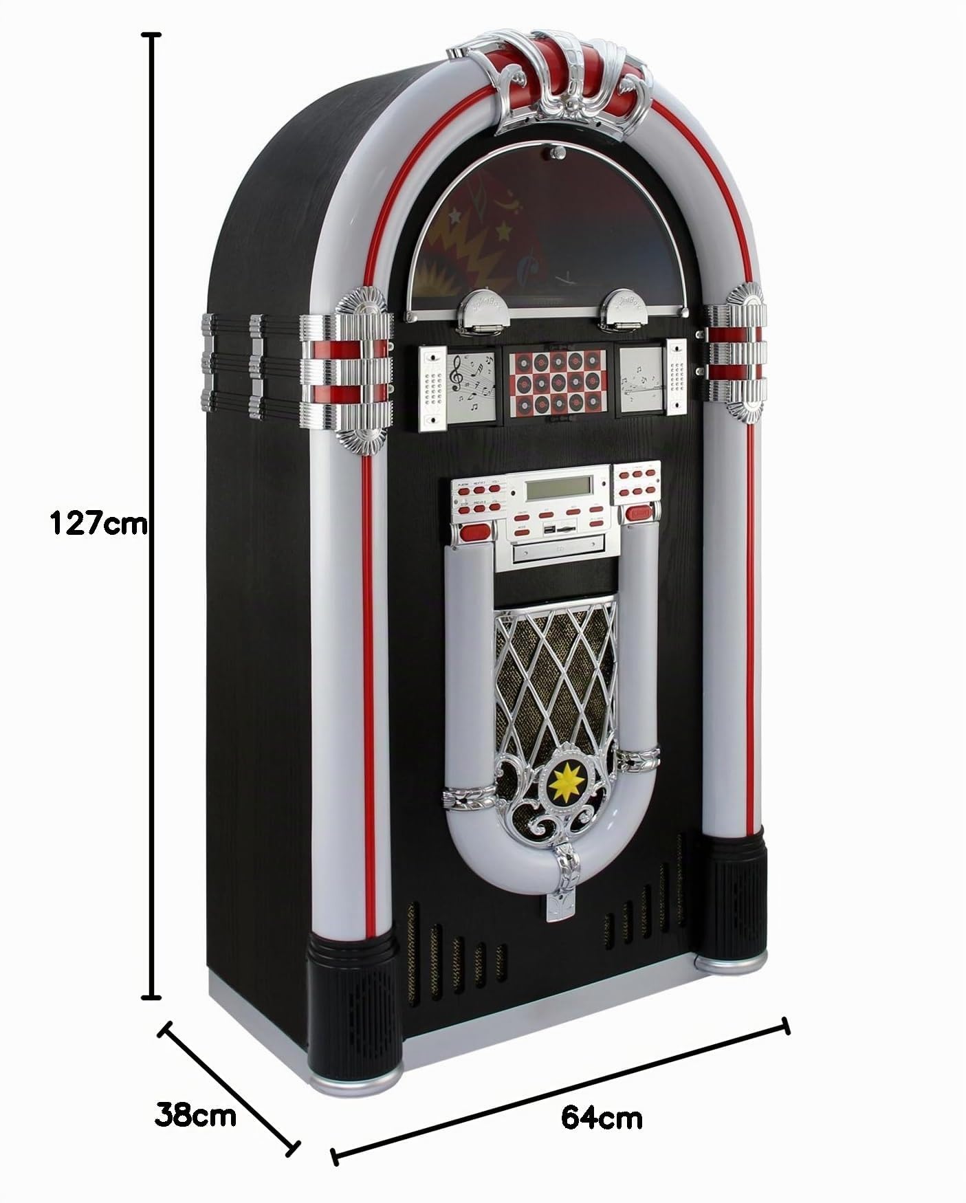 Monstershop Jukebox Holz-Gehäuse Retro 50er Jahre Musikbox mit Schallplattenspieler USB-SD-Slot, AUX, MP3 Player CD-Player Bluetooth Radio mit LED-Beleuchtung Fernbedienung 38cm x 64cm x 127cm