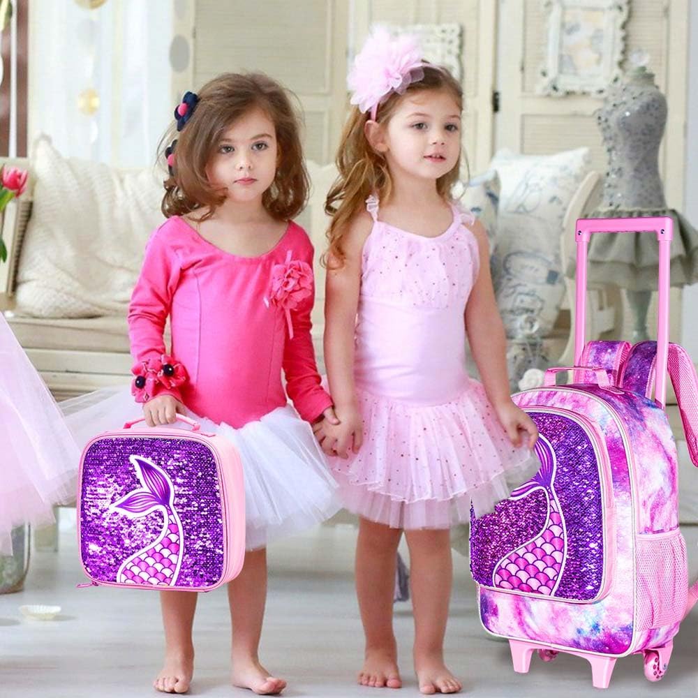 Rolling Backpack for Girls, Roller Wheels Kids Bookbag - Wheeled Suitcase Elementary Sequin School Bag - 3PCS Mermaid - Image 9
