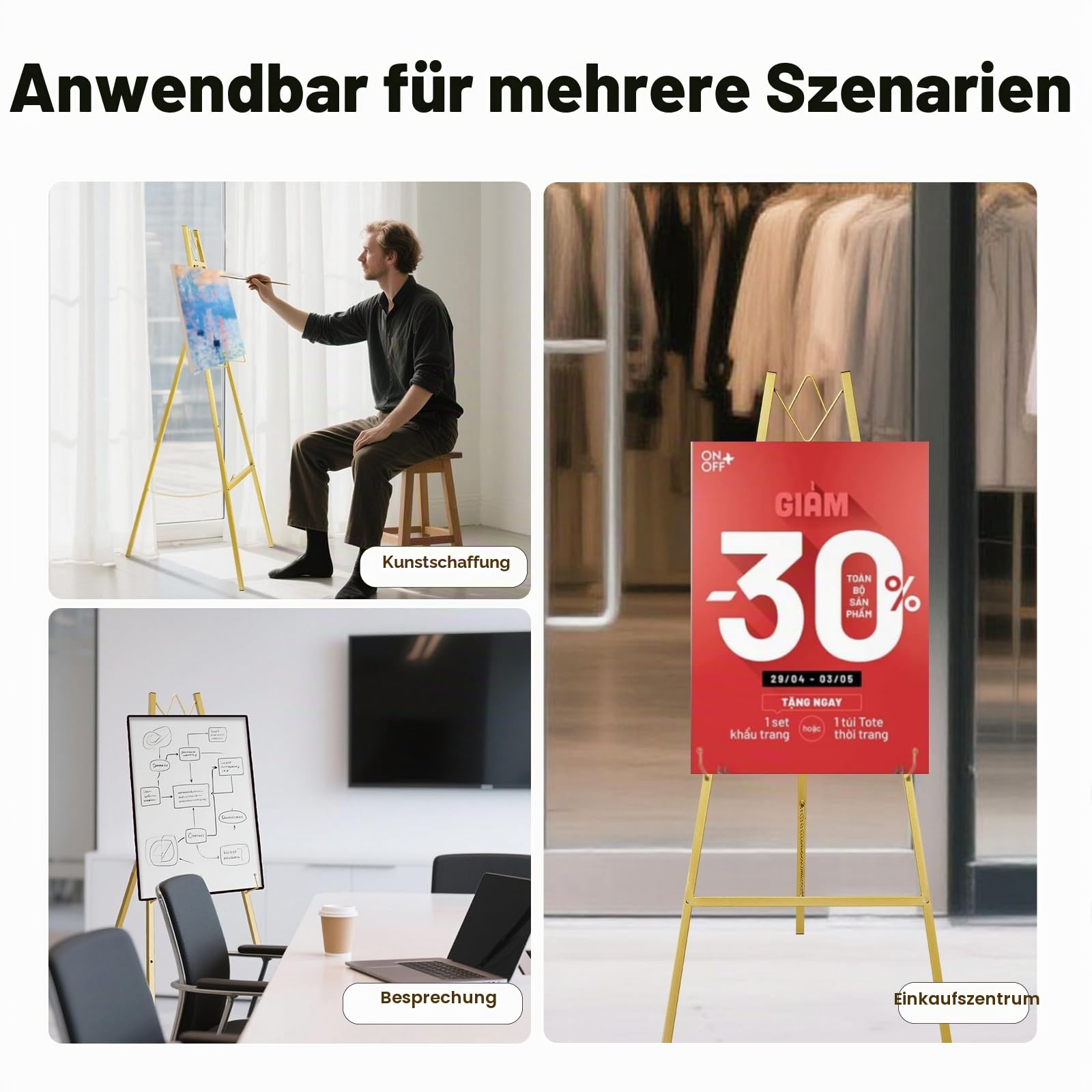 WATIHERE Goldener Staffelei-Ständer für Hochzeitsschilder, keine Montage erforderlich, verstellbar, stabiles Display für Kunst, Gemälde, Poster, Bilder und Heimdekoration