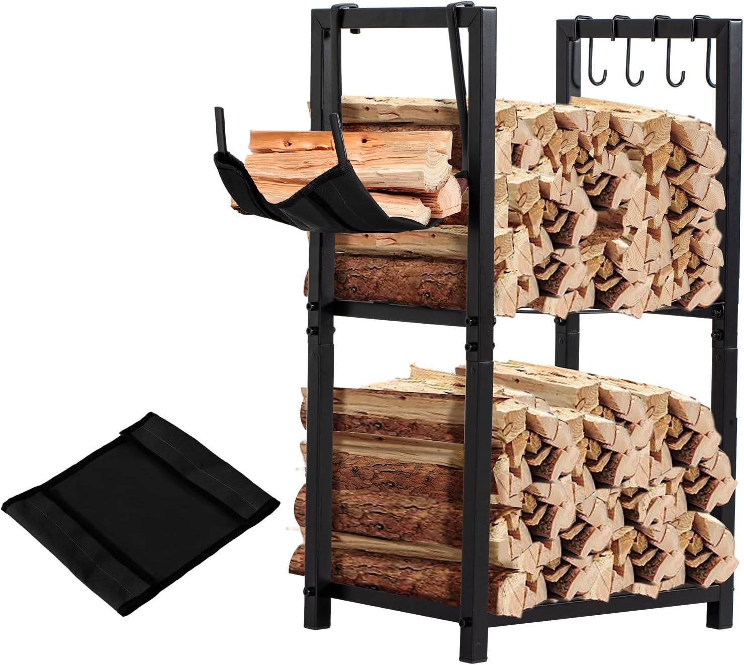 LOENIY Indoor Firewood Rack with Kindling Hooks & Mat, 32’’ Firewood