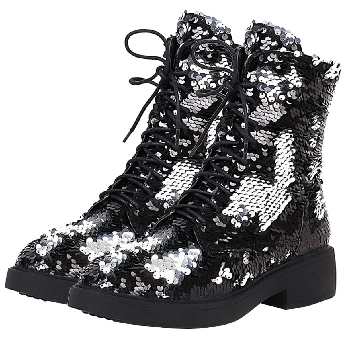 Betastella Womens Lace Up Glitter Combat Ankle Boots Chunky Heel Sequin Booties