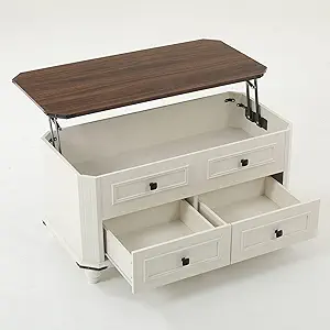 DWVO Farmhouse Lift Top Coffee Table w/Large Hidden Compartment, Lift Tabletop Dining Table for Living Room, White