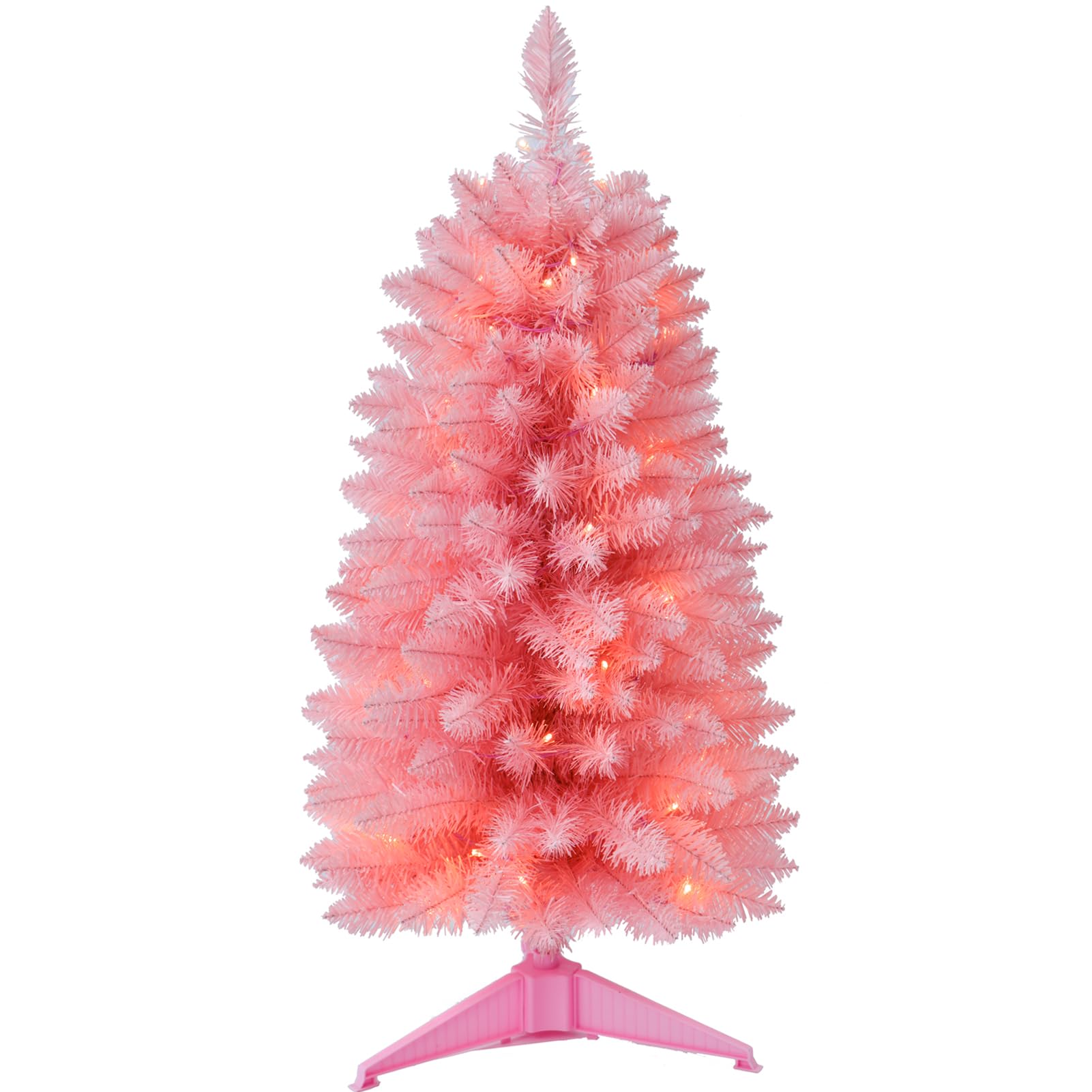 Künstlicher kleiner Mini-Weihnachtsbaum mit warmweißen mehrfarbigen LED-Lichtern, Timer, batteriebetrieben, perfekt für Weihnachten, Tischdekoration, Zuhause, Küche, Esstisch, Rosa, 91 cm