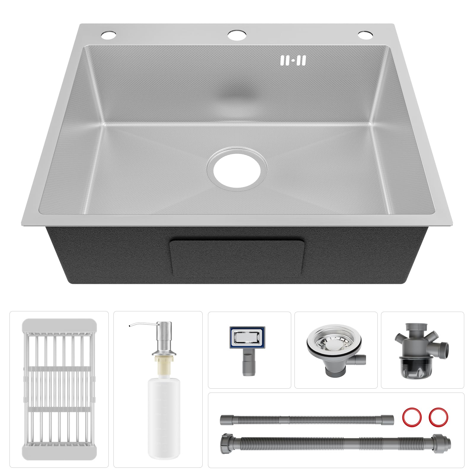 CECIPA Evier Cuisine 1 Bac 60x49CM, Lavabo Cuisine Inox Trous Pour Robinets Et Distributeur De Savon Et Panier TéLescopique, Convient Aux Armoires De Plus De 60CM