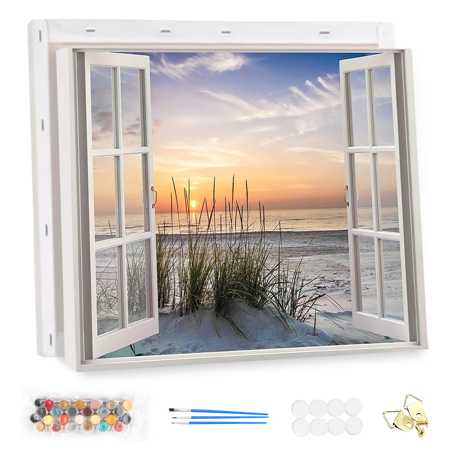 MEIYUDA Pintar por Numeros Adultos con Marco Ventana Falsa, DIY Painting by Numbers Kits Cuadros por Numeros Amanecer, Pintura de Bricolaje Sobre Lienzo con Pinceles Decoración para el Hogar 40x30cm