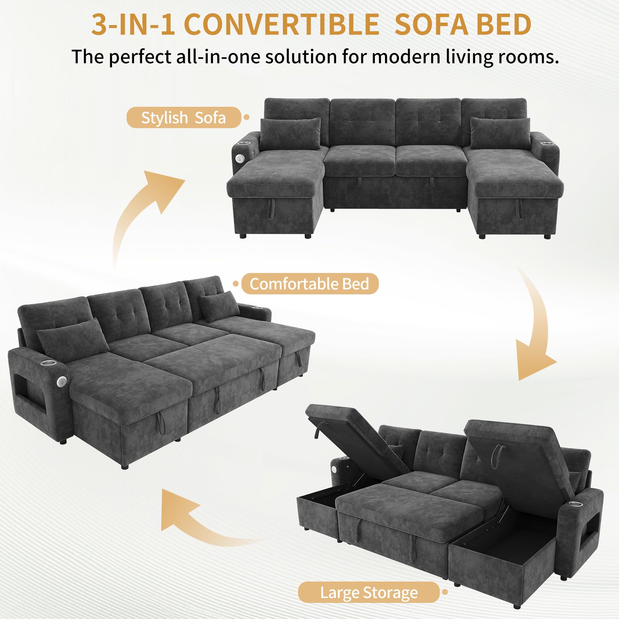 Sapgaks Canapé d'angle Convertible Moderne en U avec LED,Port de Chargement USB,Porte-gobelet,Poches latérales,Espace de Rangement,canapé lit,canapé Convertible 4 Places,Chenille (B-Gris)