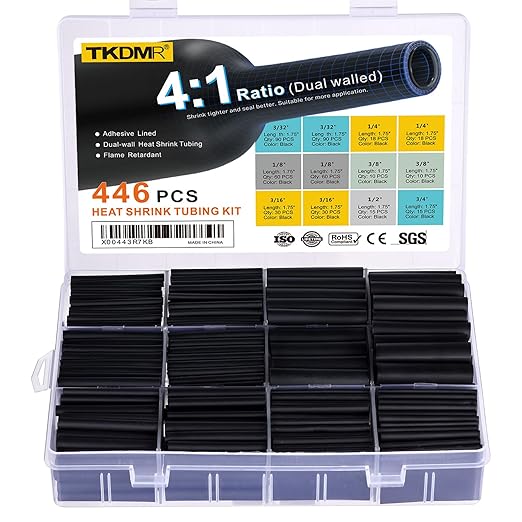 TKDMR 446 Pcs Heat Shrink Tubing Kit - 4:1 Ratio Adhesive Lined, Marine Grade Shrink Wrap - Industrial Heat Shrink Tubing,Black