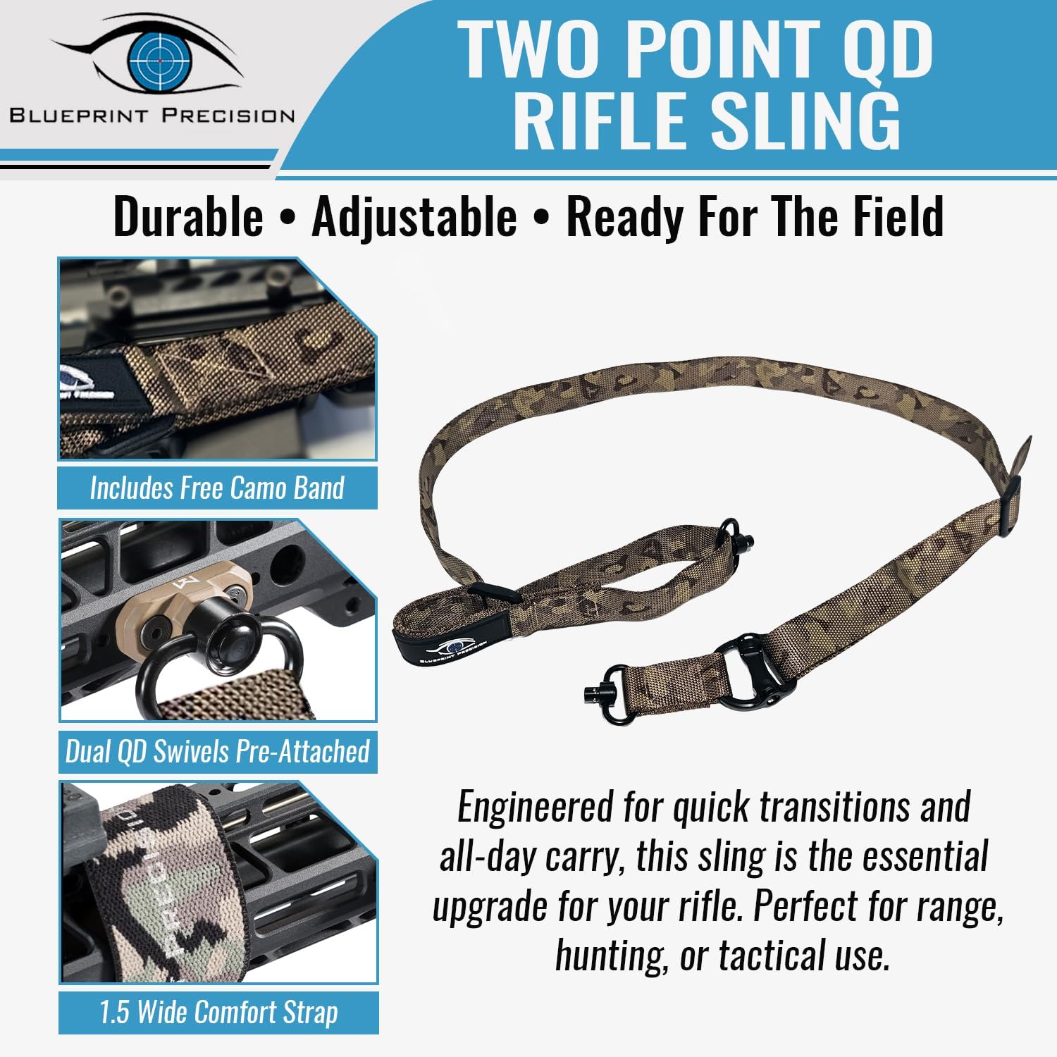 Rifle Sling - Durable Two Point Sling with Fast Adjust Pull Tab, Dual QD Mounts & Free Camo Sling Band