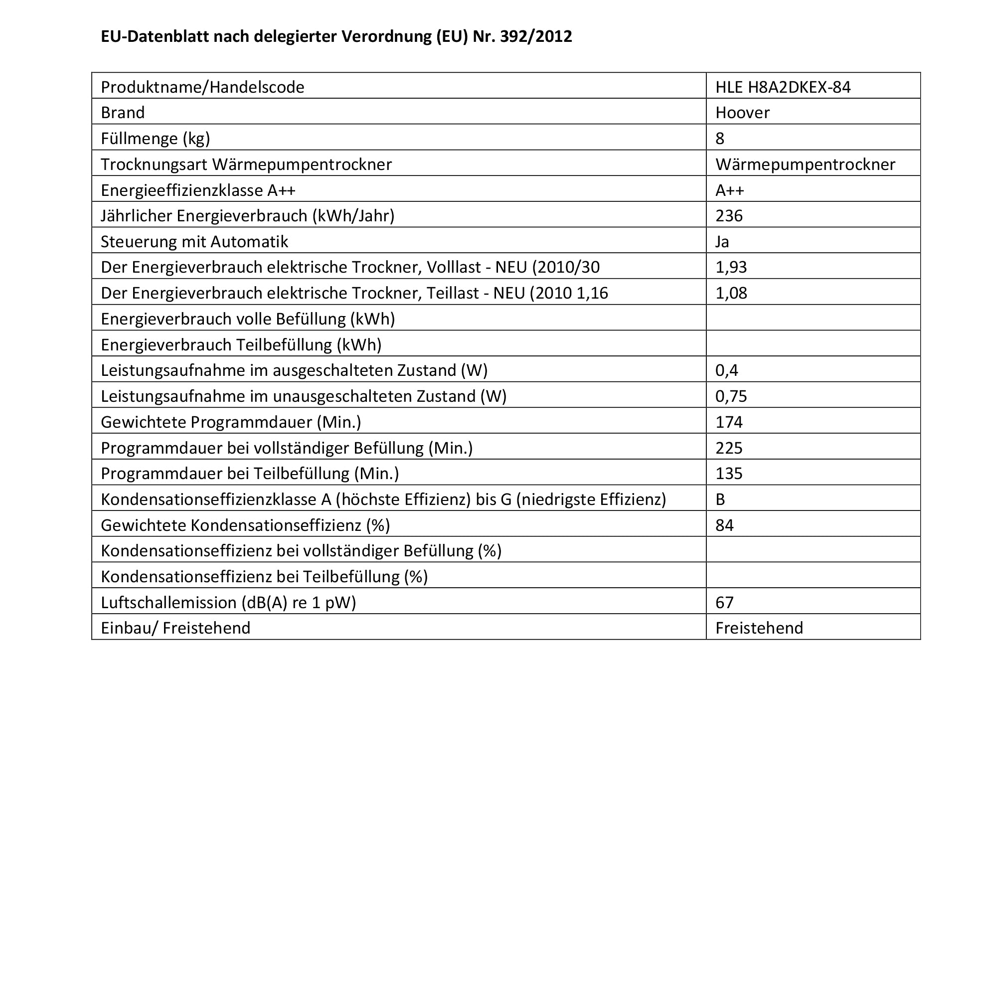 Hoover HLE H8A2DKEX-84 Wärmepumpentrockner / 8 kg/Smarte Bedienung mit NFC-Technologie/AquaVision-Kondenswasserbehälter mit optischer Füllanzeige direkt im Bullauge/Deutsche Bedienblende, Weiß