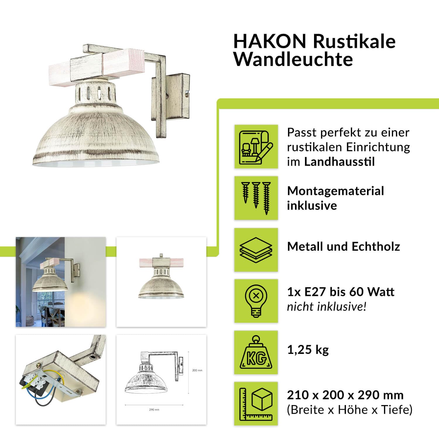 Licht-Erlebnisse Wandleuchte Metall Holz in Shabby Weiß Wohnzimmer Küche H:20 cm E27 natürlich gemütlich Landhaus Rustikal Vintage Wandlampe HAKON