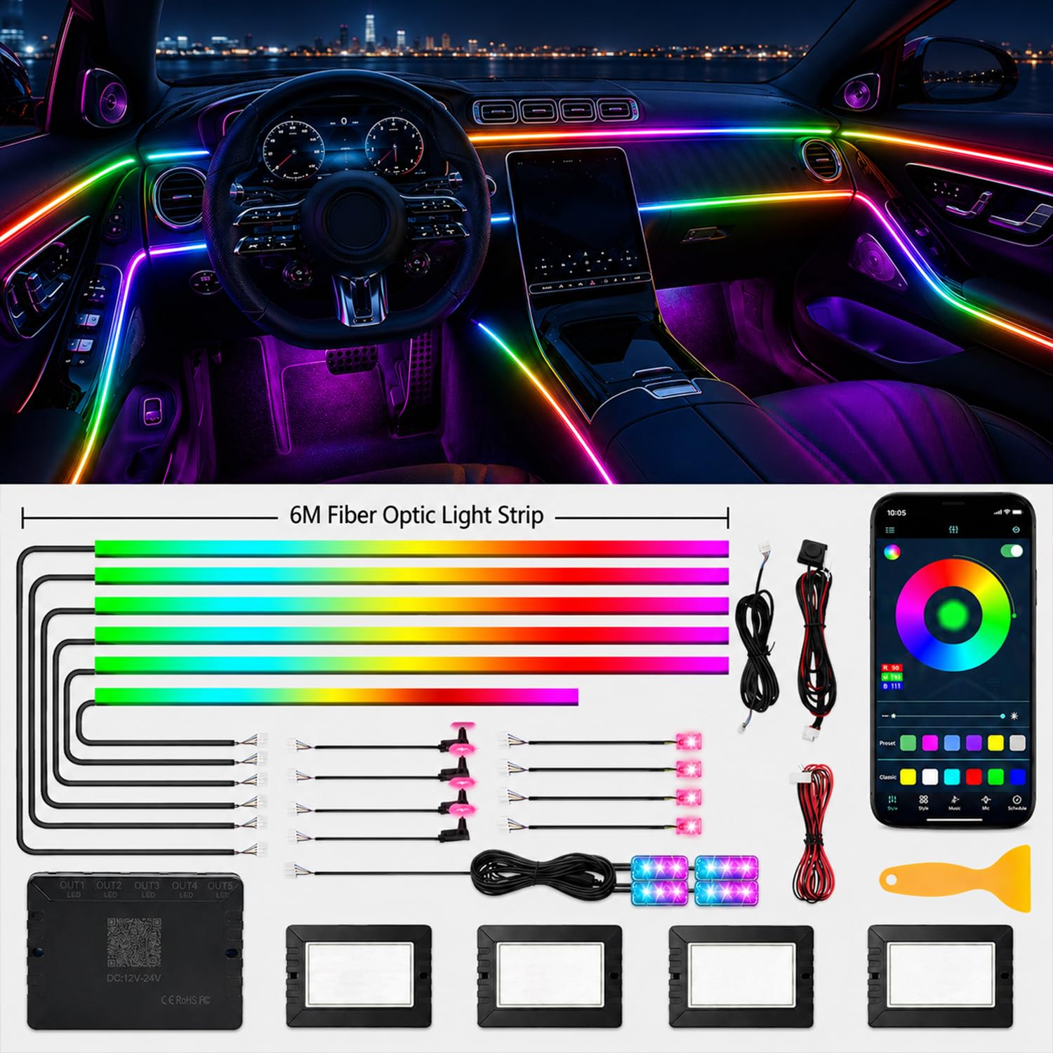 Illuminazione Interna a LED per Auto, 6 m/18 in 1 RGB, 12 V, Atmosfera LED Con App + Controllo Remoto, Laser Multicolore