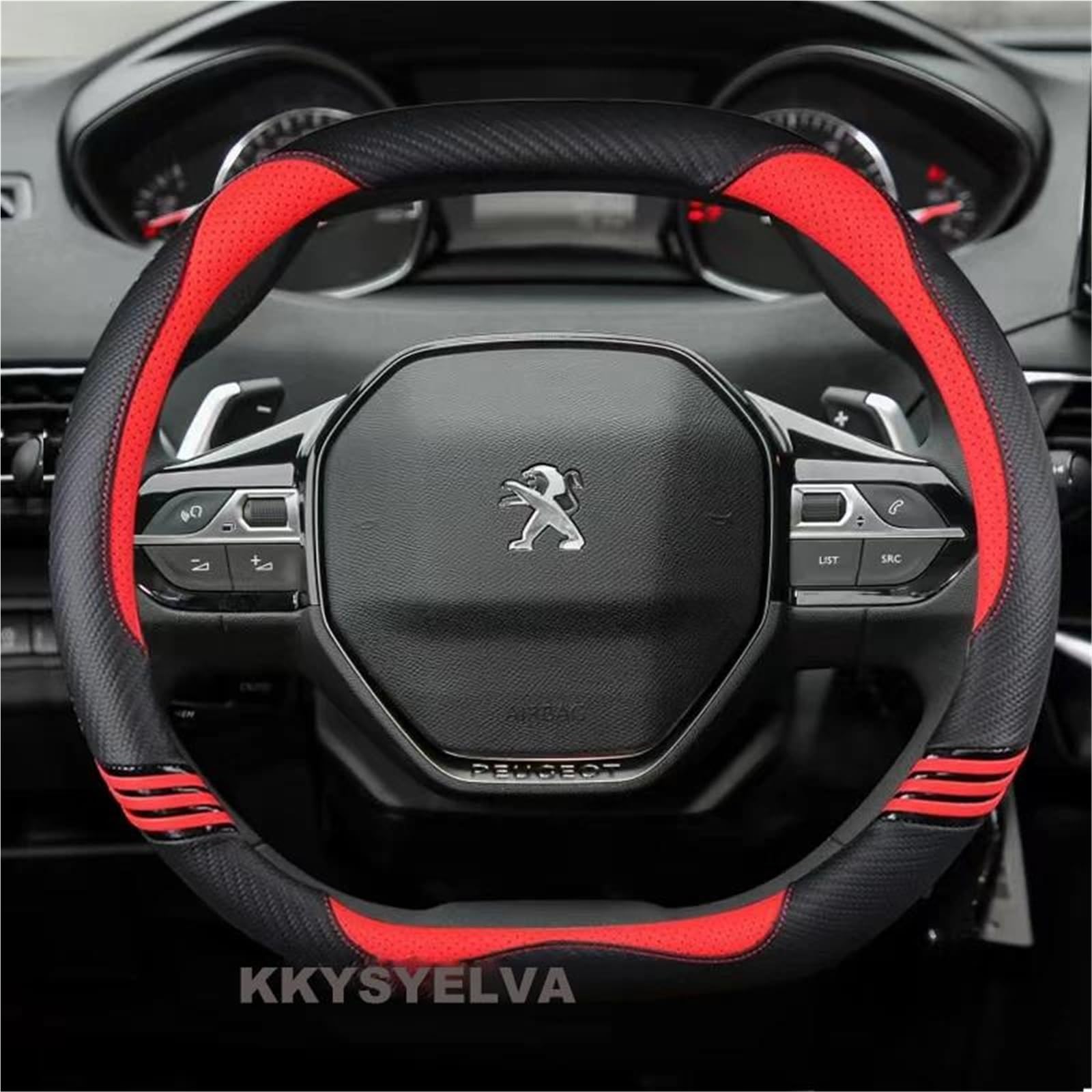 Pokrowiec na kierownicę ze skóry i włókna węglowego do Peugeot 508, 3008 GT, 4008, 5008 E (2017-2019), 2008 E (2020-2021), czerwony.