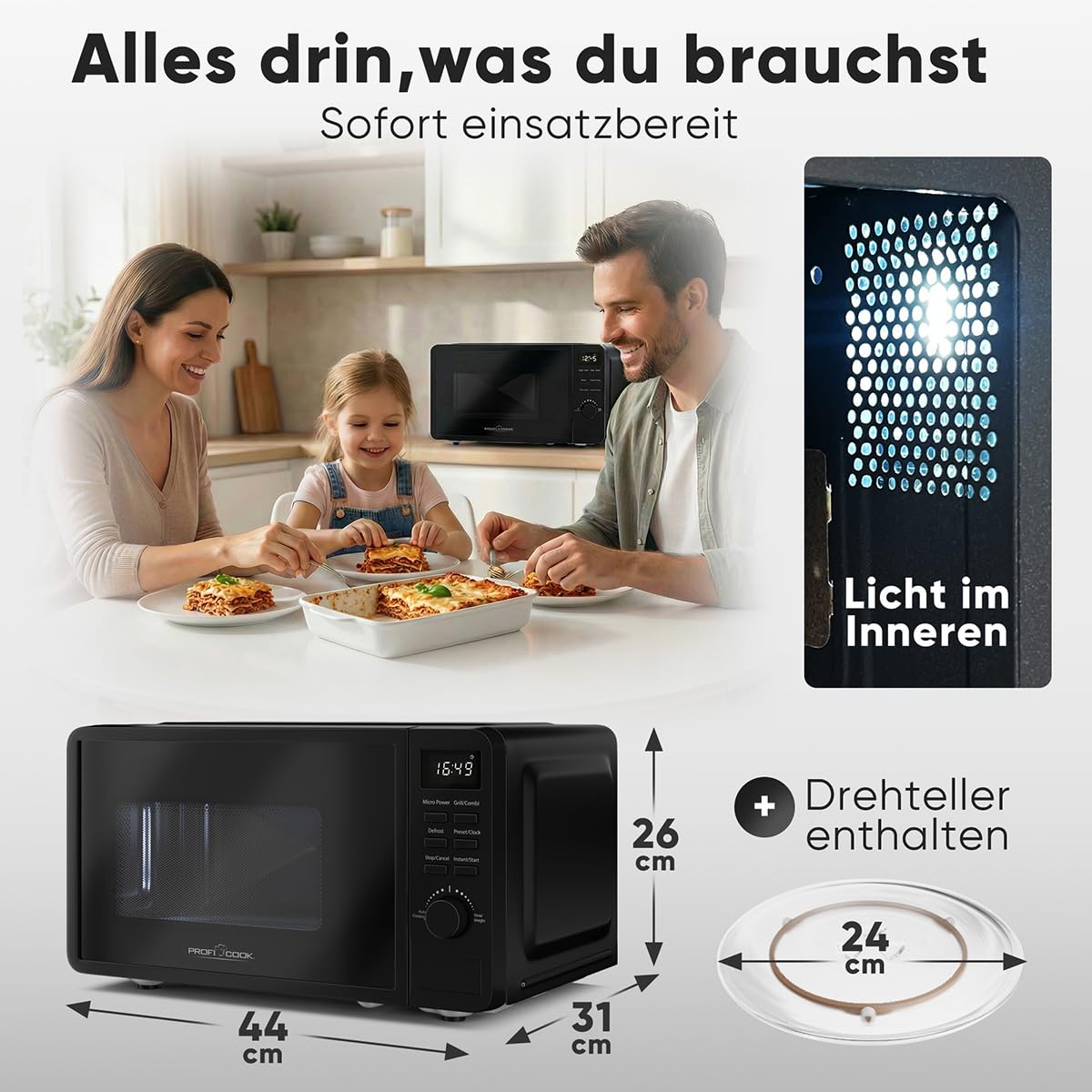 ProfiCook® Mikrowelle mit Grill | 800 Watt Grill | 20L | 8 Automatikprogramme | Timer | inkl. Drehteller und Grillrost | Uhrzeitanzeige | Microwellengerät | PC MWG 1319