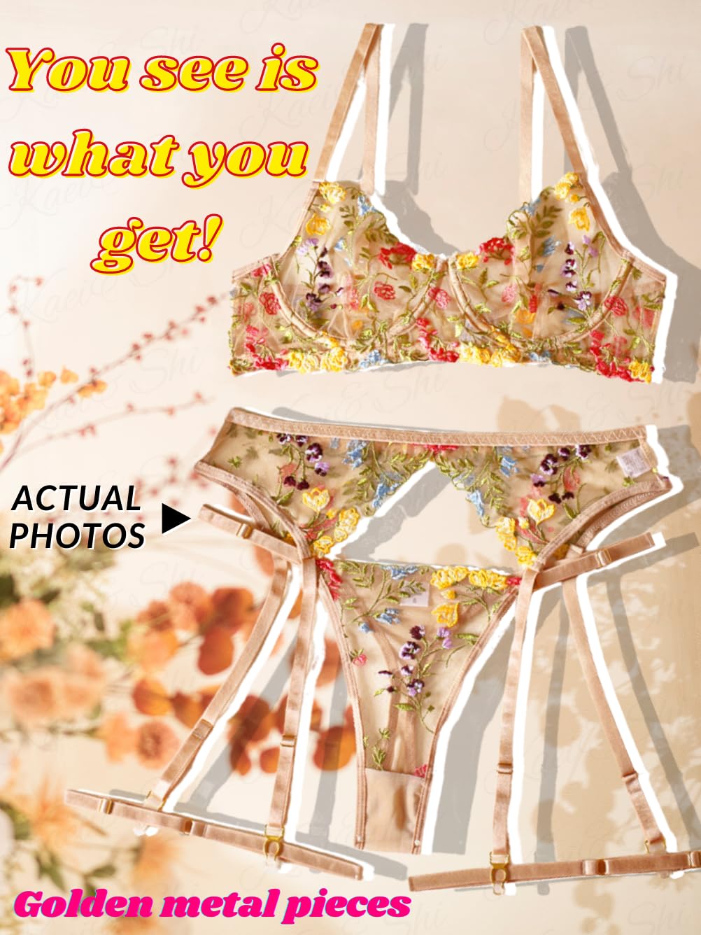 Kaei&Shi Vibrant Floral Embroidery, Underwire, Thong, Thigh Straps, Lingerie Set: 8-10 Tan