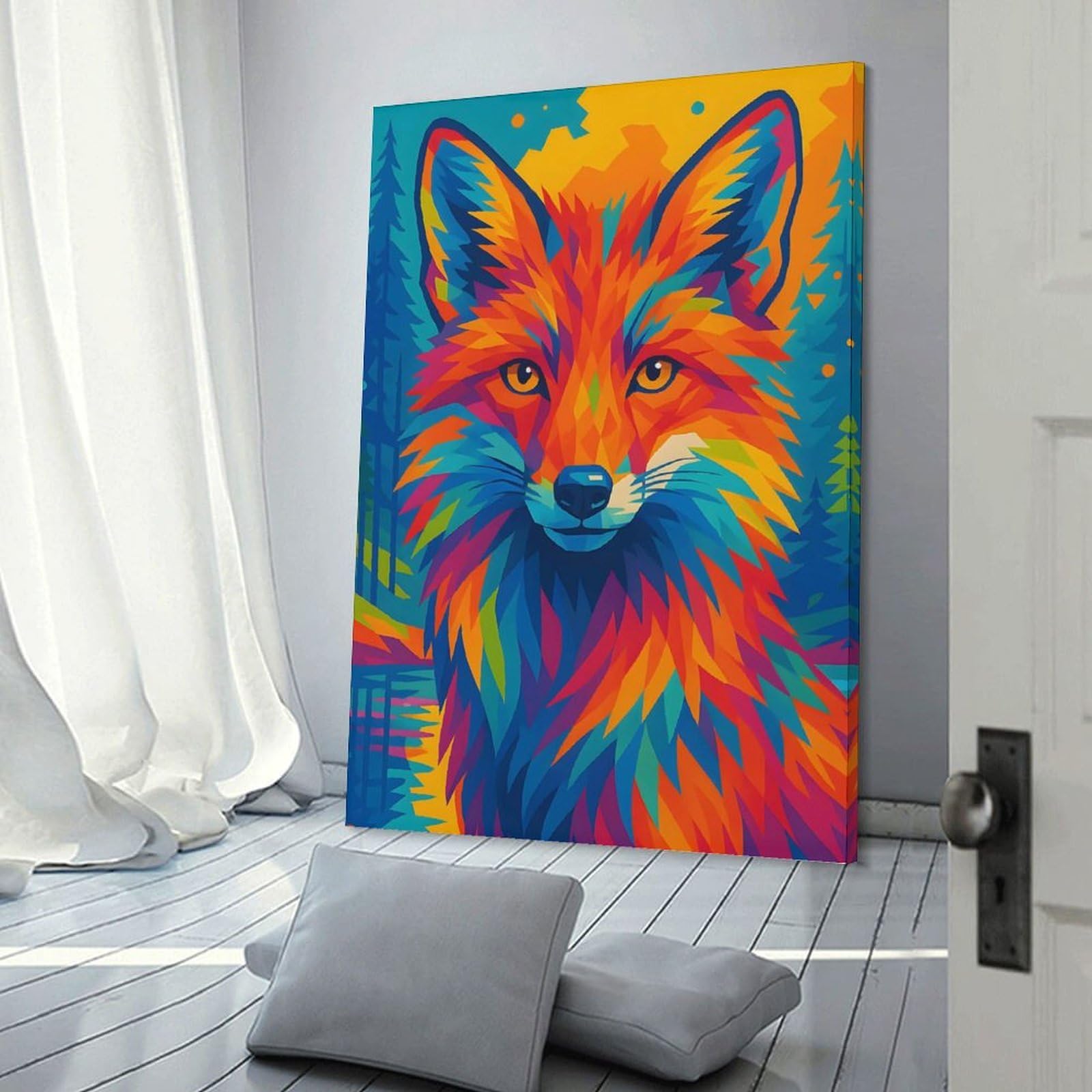 Junmoney Canvas Wall Decor Colorful Fox Portrait in Forest, 20x30inch(50x75cm), for Gallery Wall Decor And Room Displays, An Easy Match for Collected Prints