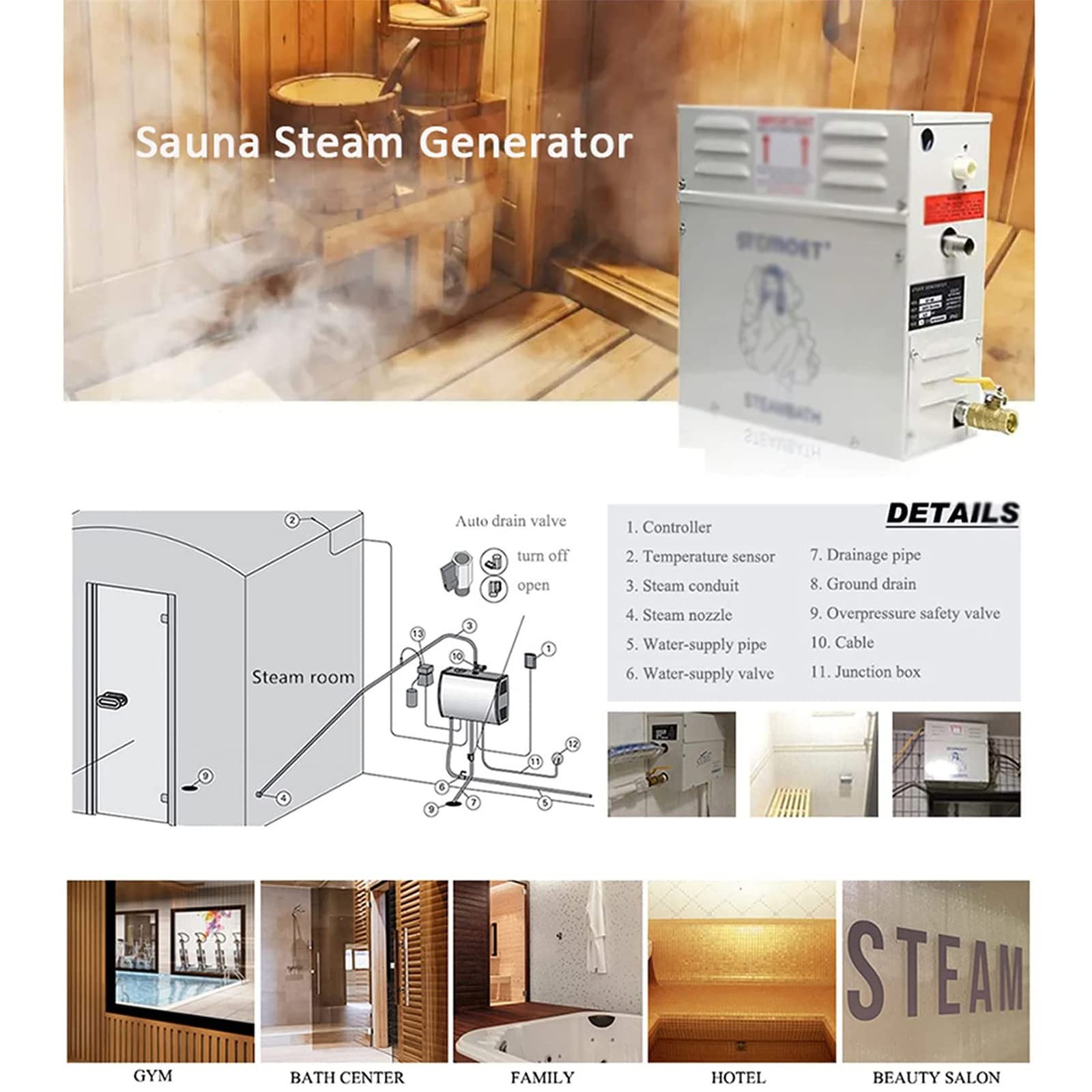 Komercyjny grzejnik do sauny, 220 V, 380 V, 3 kW, 4,5 kW/6 kW/9 kW, generator pary z cyfrowym wyświetlaczem LED, generator pary łazienkowej 25-55℃, automatyczne osuszanie, 220 V-6000 W