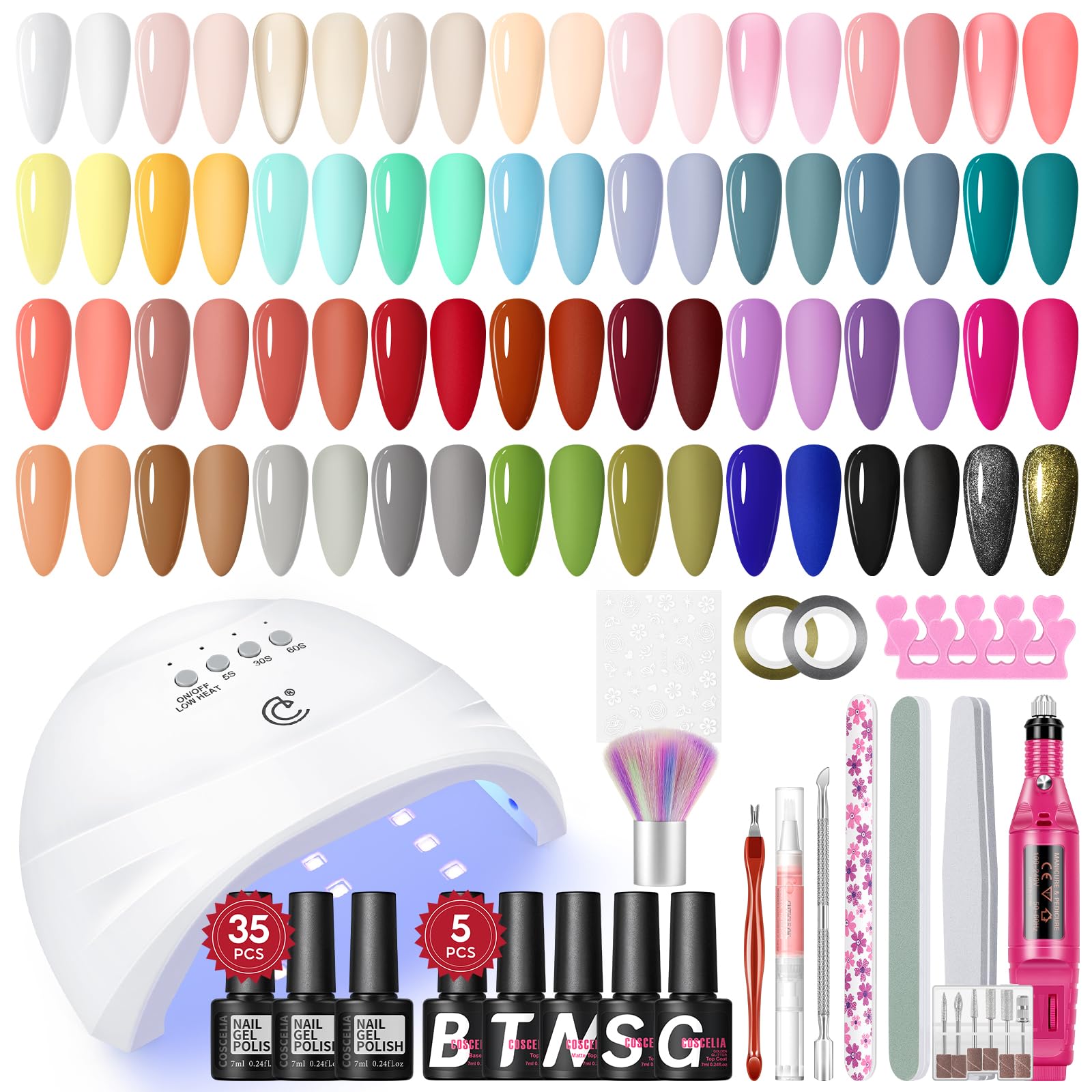 COSCELIA Set de Esmalte de Uñas UV con Lámpara UV, 35 Piezas de Conjunto Inicial de Gel para Uñas con Limadora Eléctrica, Base y Top Coat, Kit de Estudio de Uñas, Kit de Gel para Uñas en Casa