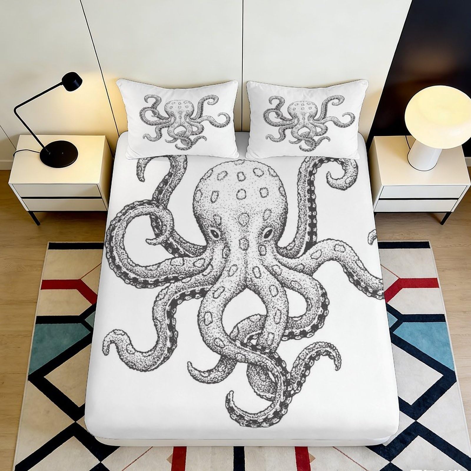 3D Printed Octopus Fitted Sheet Microfiber Soft Breathable Sea Creature Bed Cover for Bedroom Dorm Mattress Protection Decor 90x200x25cm