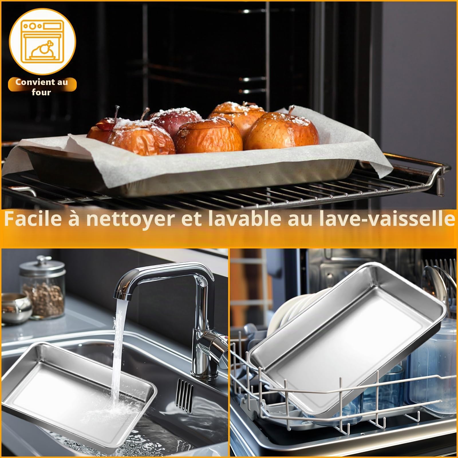 3 Pièces Plat Four Rectangulaire 40 x 30 x 4,8 cm, Plat Inox Profond en Acier, Grand Plateau pour Cuisson, Rôtir, Servir, Gratin et Lave-Vaisselle