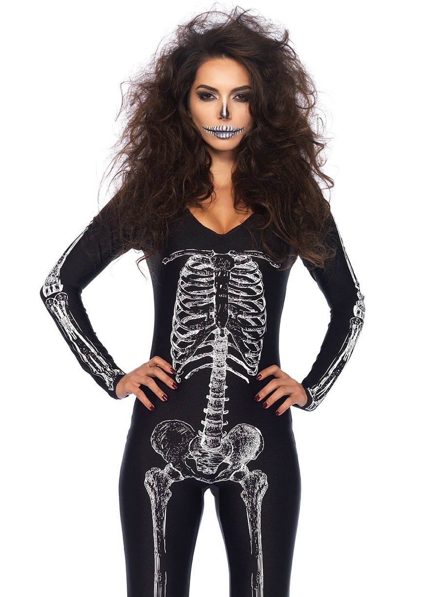 Women's X-Ray Skeleton Catsuit Fancy Dress Costume Black/White Medium Leg Avenue