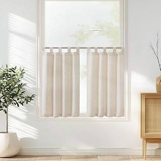 Vangao Scheibengardinen Modern Küche Beige Gardinen Kurz Bistrogardine 2er Set 70Bx90H cm mit Schlaufen Landhaus Halbtransparente Leinenoptik Küchengardinen