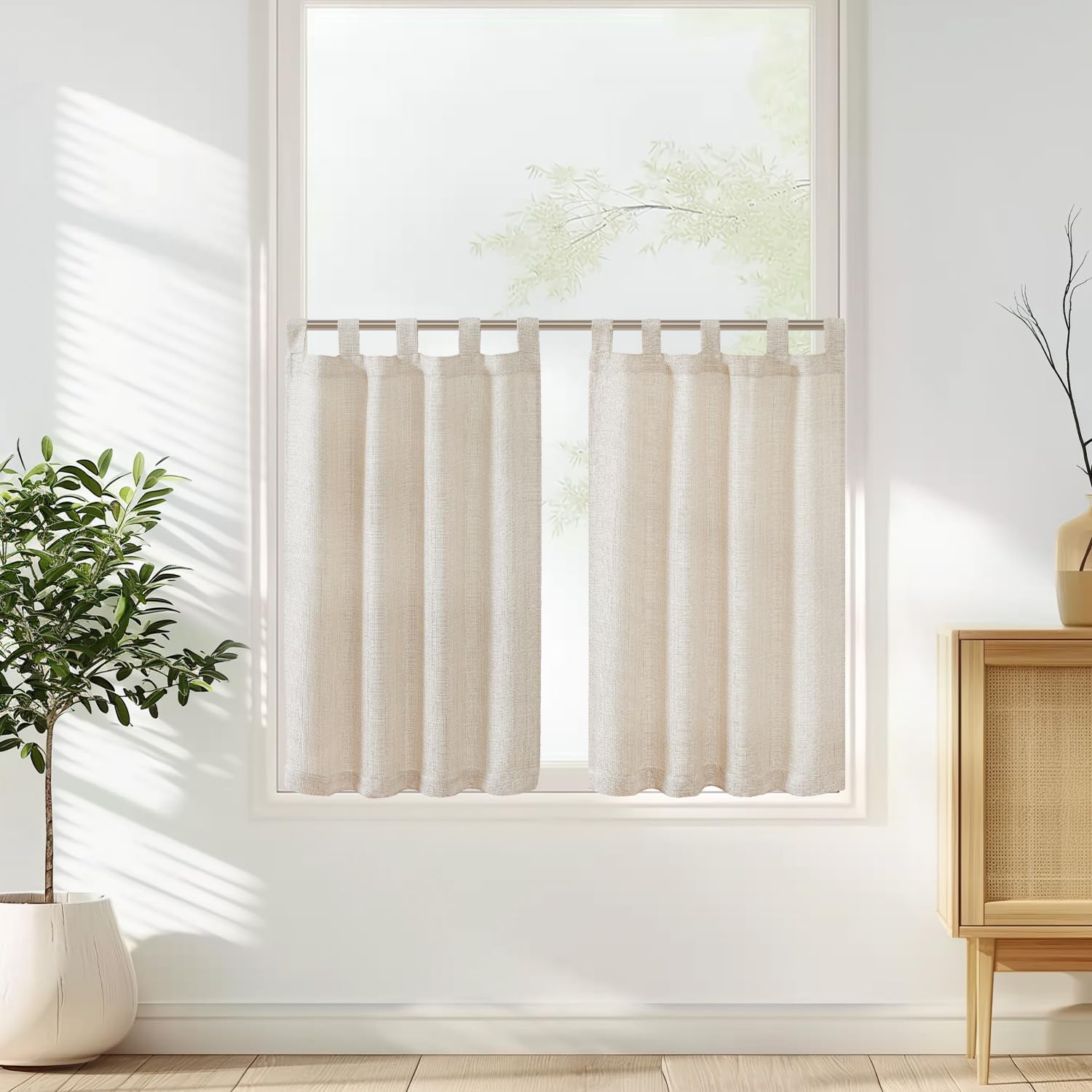 Vangao Scheibengardinen Beige Modern Küche Leinenoptik Bistrogardine 2er Set 70Bx60H cm mit Schlaufen Gardinen Kurz landhausstil Küchengardinen Wohnzimmer Schlafzimmer Wohnwagen Kinderzimmer