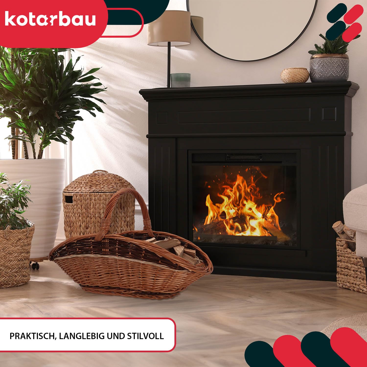 KOTARBAU® Weidenkorb für Kaminholz Holzkorb für Kaminholz Weide mit Henkel Kaminholzkorb Weide Holzkörbe Feuerholzkorb Brennholzkorb innen Weidekorb Holztragekorb