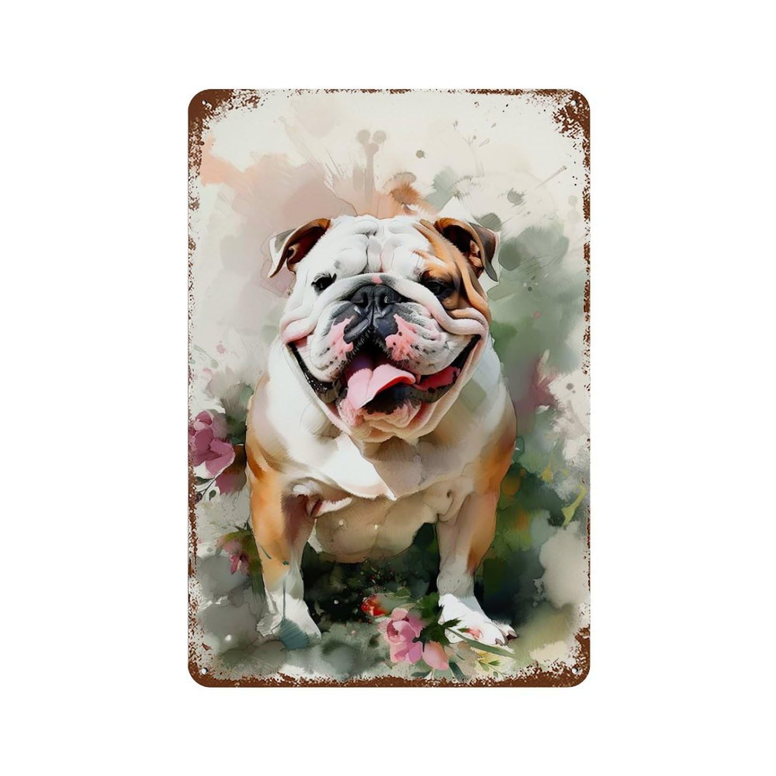 English Bulldog Flowers Aged Metal Wall Plaque 11.8"x7.9", Old School Wall Decor for Garage, Pub Or Kitchen