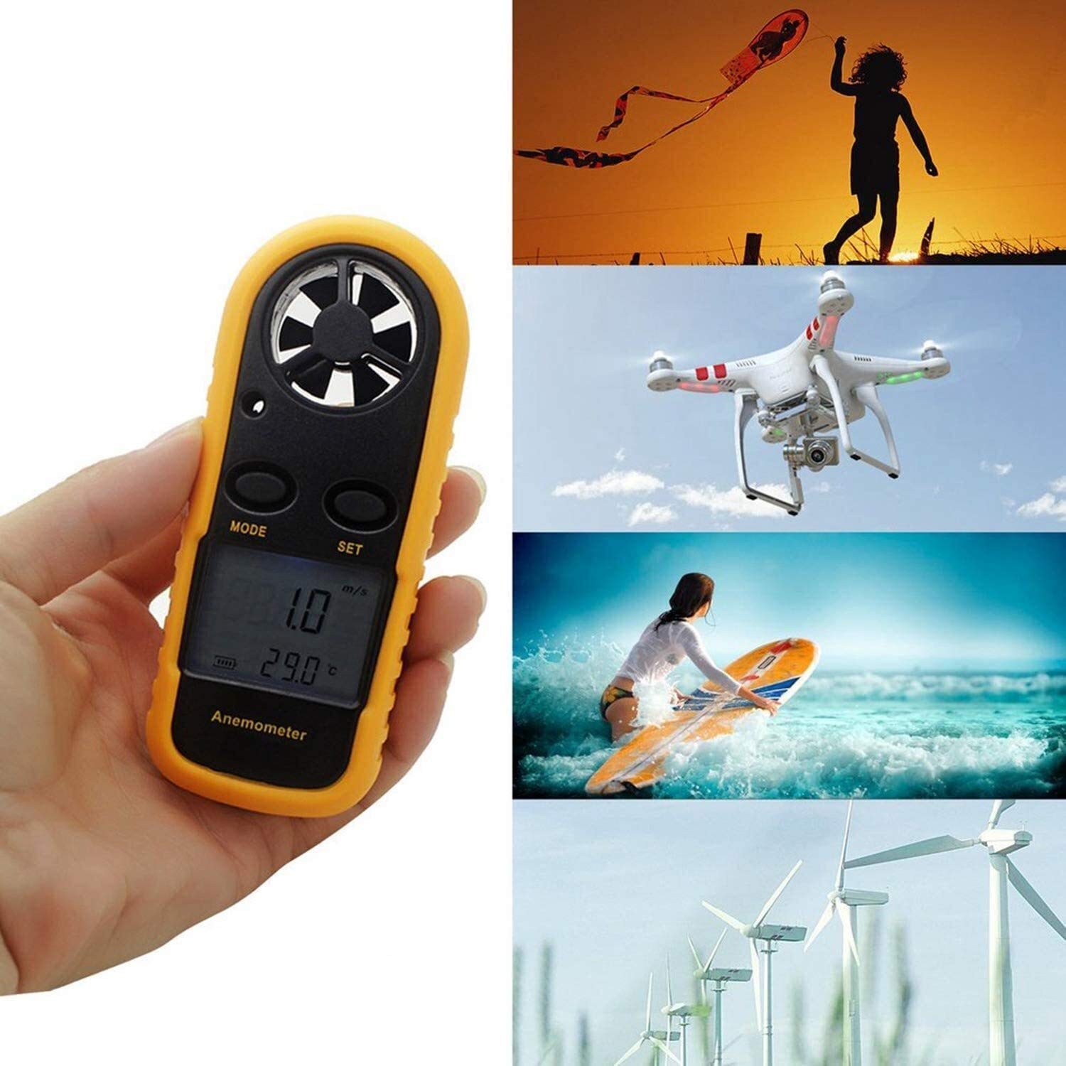 JJJ Anemometro Portatile Digitale, con Display LCD for misurare velocità del Vento, Temperatura e raffreddore del Vento (Giallo + Nero)