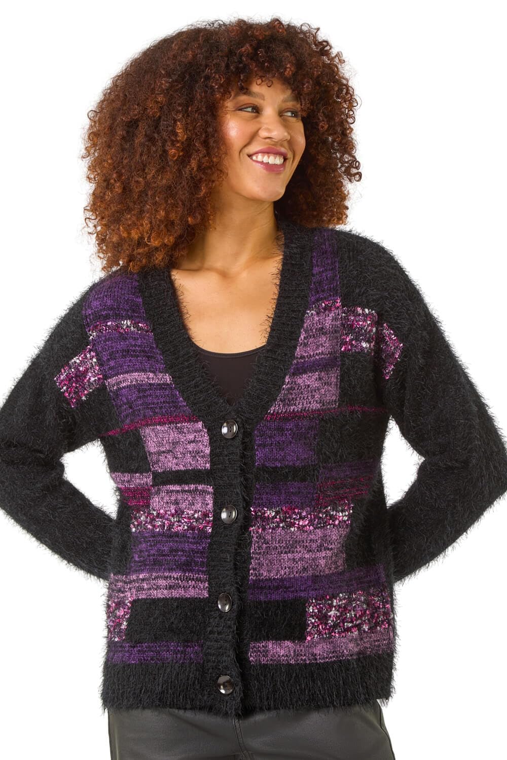Roman Originals Women's Purple Colour Block Fluffy Knit Cardigan For Uk - Everyday Autumn Winter V-Neckline Comfy Soft Evening Vacation Work Party Night Out - Size 18