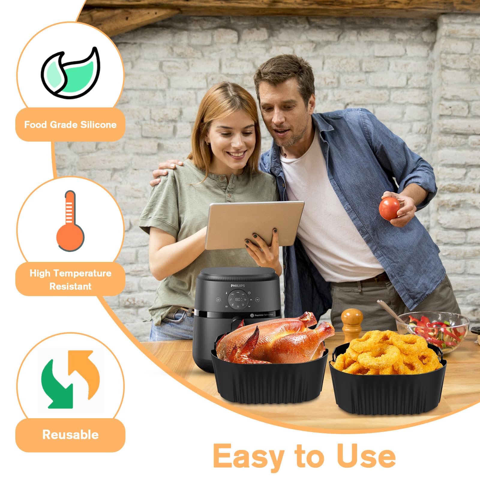 VEGCOO Philips Airfryer 4.2L Silikonform Set für NA229/00 & NA320/00 (4-teilig) - Hitzebeständig 230°C, Spülmaschinenfest, Fritteusenzubehör mit Griff & Antihaft