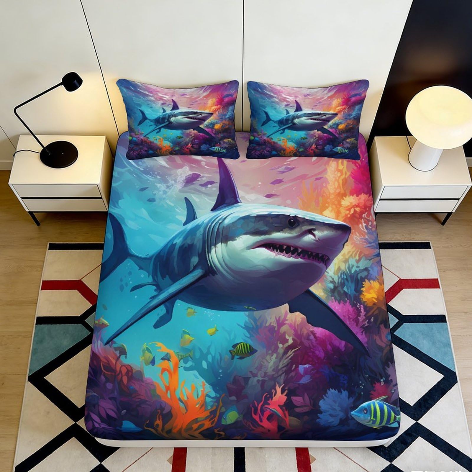 Jqzkxnhpbr Style-2 3D Printed Ocean Shark Fitted Sheet Microfiber Soft Colorful Coral Mattress Cover For Bedroom Guest Room Dorm Decor 90X200x25cm