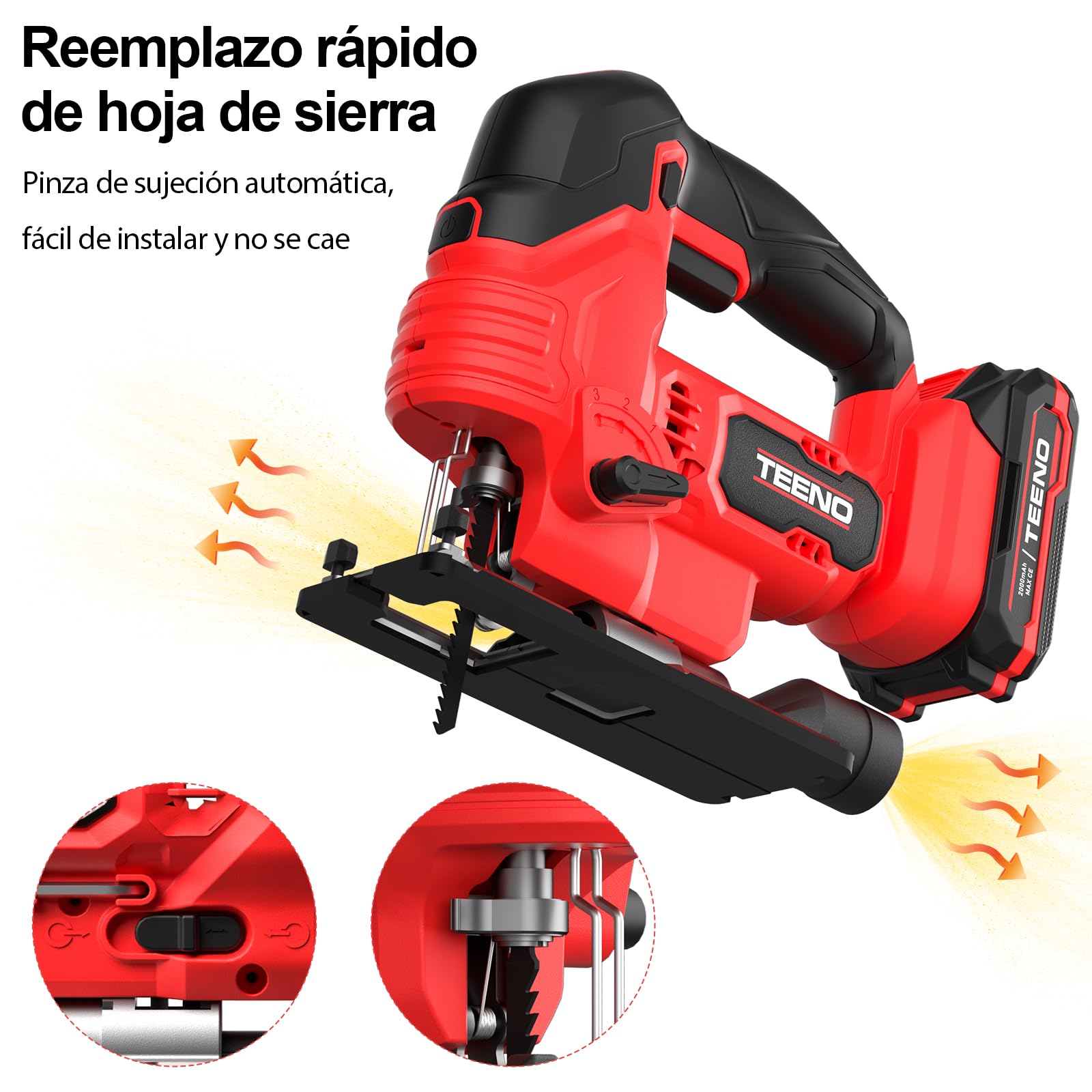 TEENO Sierra de Calar inalámbrica para Batería Makita de 20V, Caladora con Láser 800-3000 SPM Con 5 cuchillas, Corte ± 45°, 6 VELOCIDADES,LED, Cortar Metal, Madera, Plástico(una batería, 2.0 AH)
