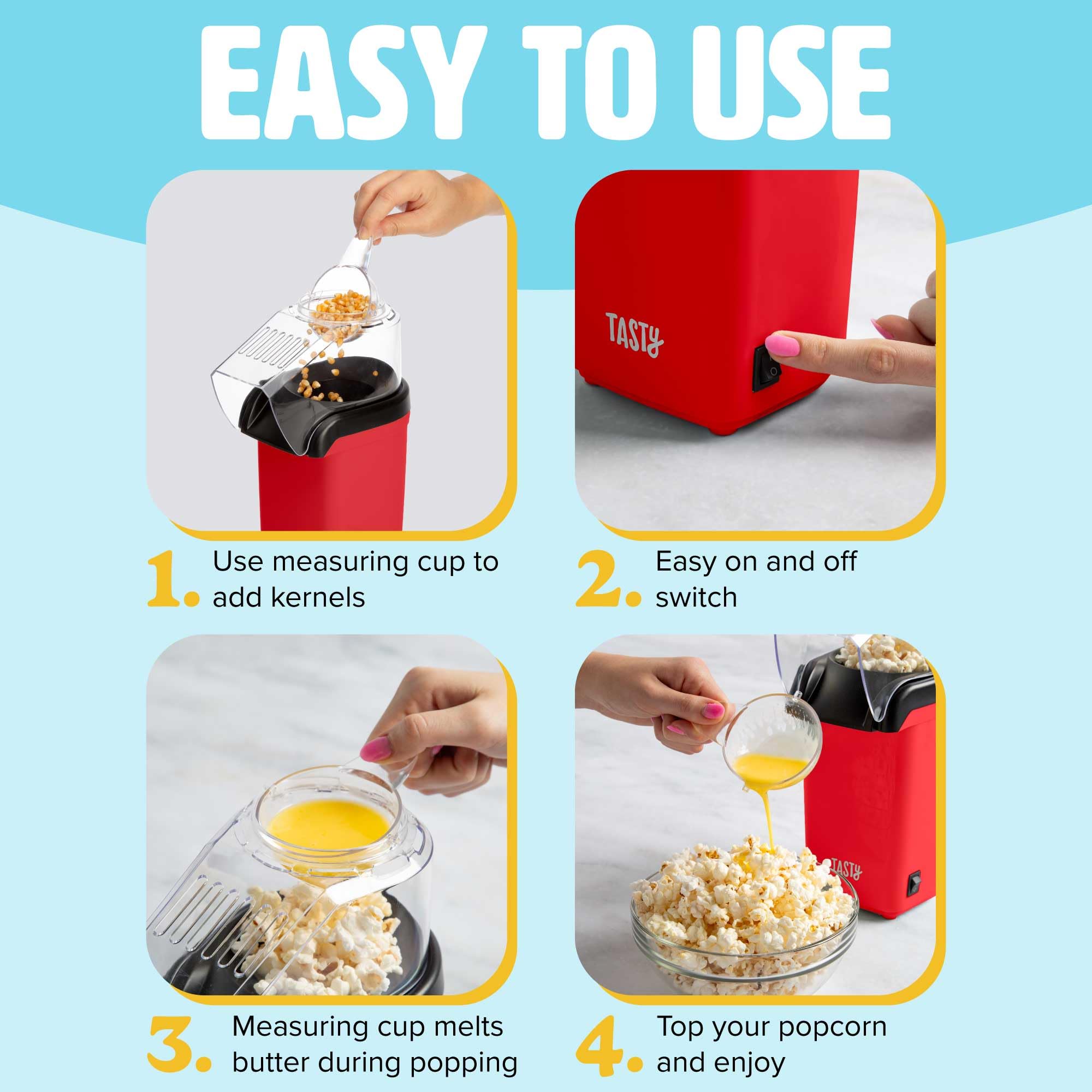Tasty Popcorn na gorące powietrze, zdrowy i pyszny popcorn w kilka minut, szybki i łatwy w użyciu, wbudowany kubek pomiarowy i podgrzewacz do masła, 8 filiżanek, czerwony