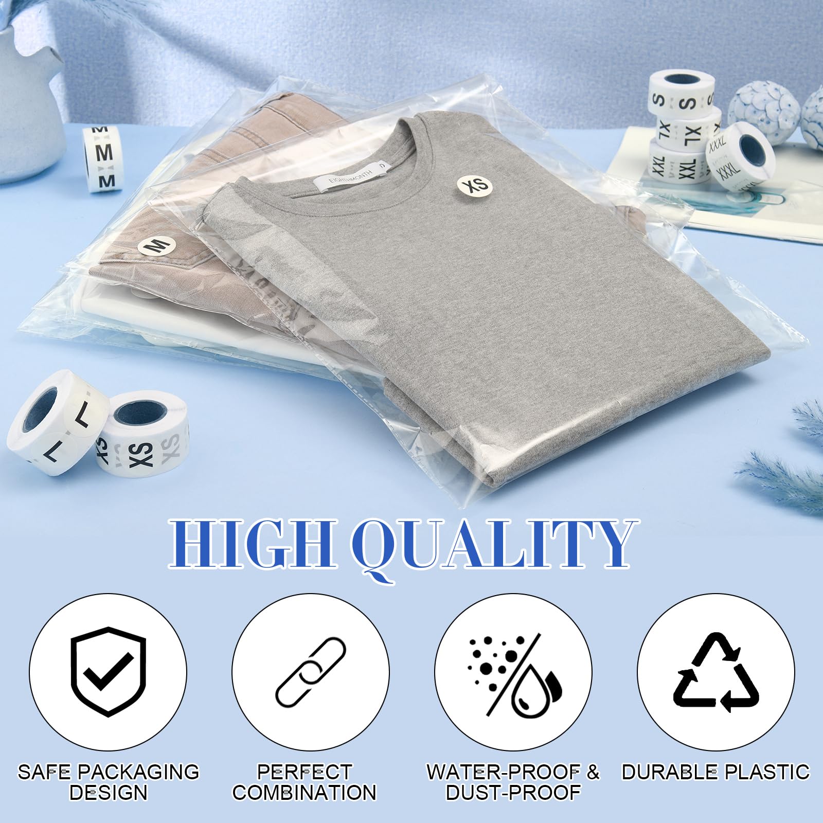 Epakh Lot de 200 sacs refermables en polyéthylène transparent - 7 tailles - 3500 étiquettes autocollantes - Sacs en plastique auto-scellants pour petites entreprises - Emballage de t-shirts - Stockage