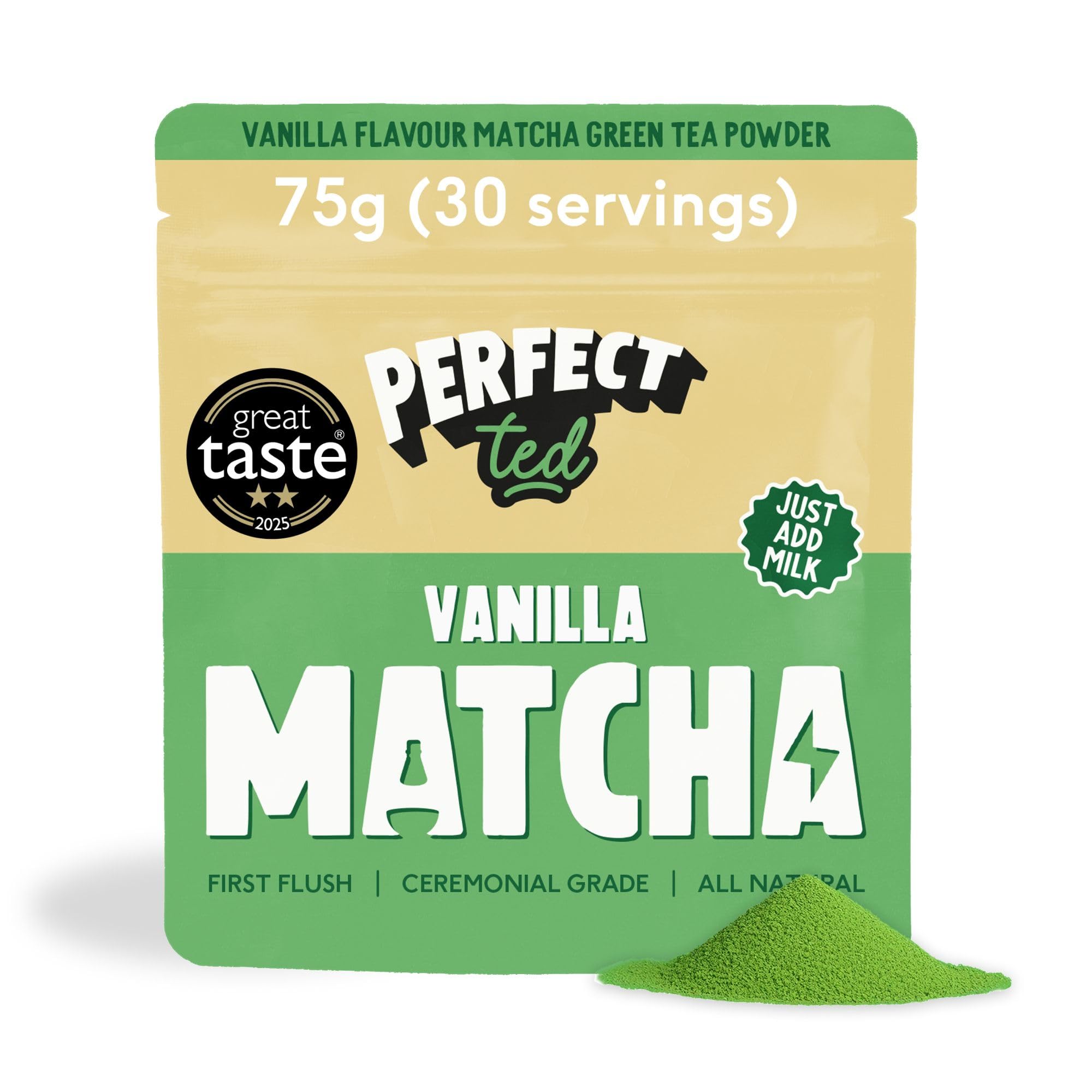 Perfect Ted Matcha Powder | Vanilla Bean Flavor 75g | Matcha Powder Ceremonial Grade | Single-Origin Uji, Japan | Matcha Green Tea Powder (30 Servings)