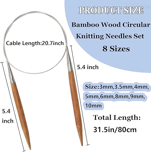 Miniatura 3 de Hobekoee Juego de agujas de tejer de bambú, 36 agujas de tejer de bambú rectas de 9.8 pulgadas y 8 agujas circulares de 32 pulgadas con bolsa de