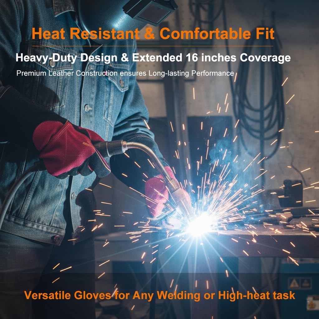 Welding Gloves, 16 Inches Heat Resistant Leather Welding Gloves for Men, Idea for Mig Tig Grill Stick thumbnail