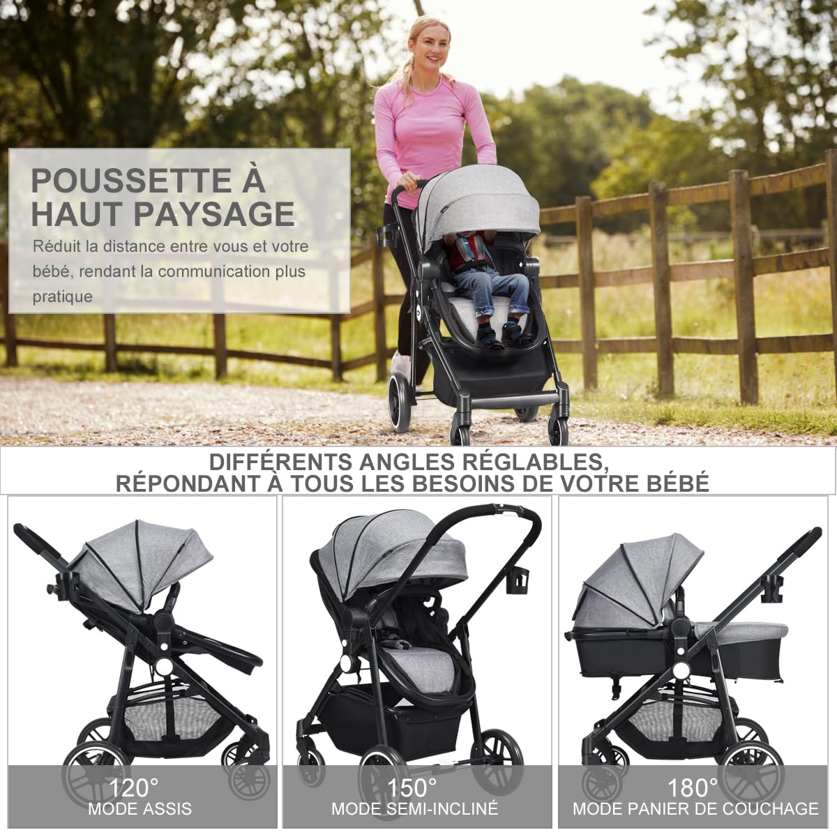 COSTWAY Poussette Canne Bébé Pliable 0-3 Ans avec Siège Réversible, Poussette Haute Paysage avec Auvent & Dossier Réglable, Frein à Pied, Harnais à 5 Points, Porte-gobelet, Charge 15kg(Gris)