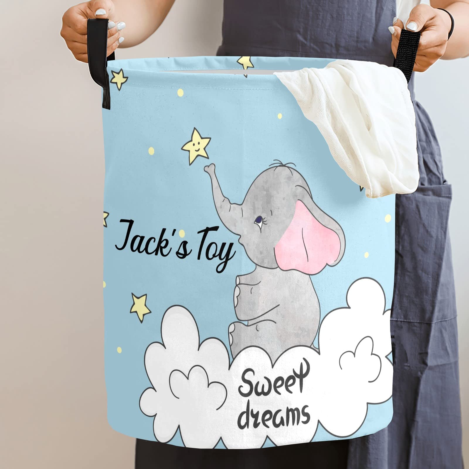 Sweet Dream Elephant Personalized Freestanding Laundry Hamper, Custom Waterproof Collapsible Drawstring Basket Storage Bins with Handle for Clothes