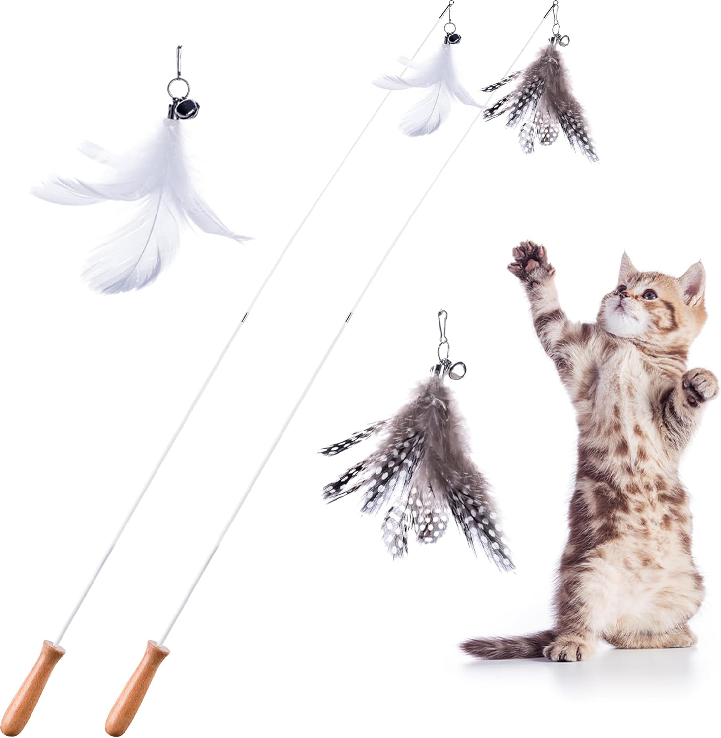Cat Park Cat Wand Toys for Indoor Cats – 2PCS Interactive Cat Toy Wand with 4 Cat Feather Toys Refills, 27″ Flexible Steel Wire, Sturdy Wood Handle & Bell, Fun Kitten or Cat Teaser Toy to Play, Chase