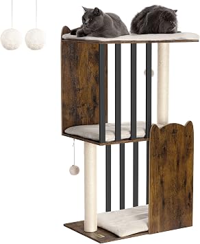 FourFurPets 3-Tier Cat Tree, Wooden Cat Tower with Warm Pads, Big Plate for Indoor Cats, Two 50 cm Full Sisal Scratching Posts, 60 x 40 x 111.2 cm, Rustic Brown