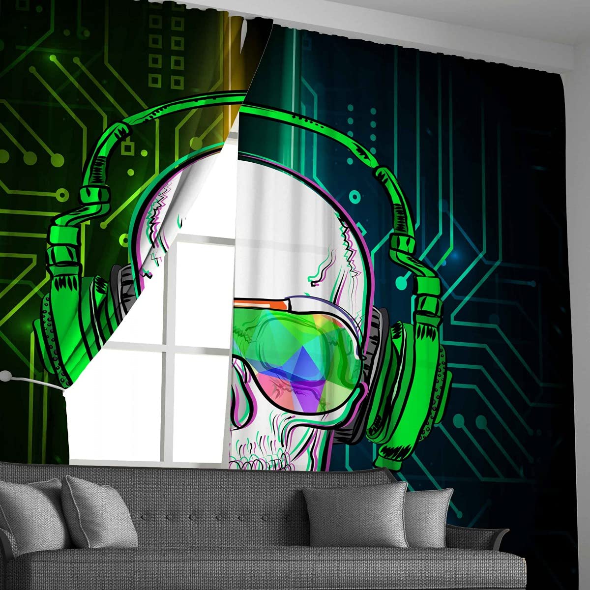 Loussiesd Skull Curtain for Boys Bedroom Decor Black Green Skeleton Curtains Skull Window Treatments Teens Skull Print Living Room Home Drapes Kids Music Headphones Notes Curtains W66*L90 - Image 3
